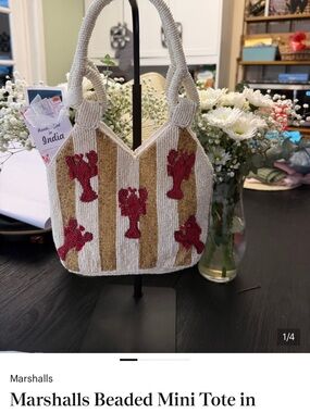 Marshalls Beaded Mini Tote in White, Gold & Red Lobsters